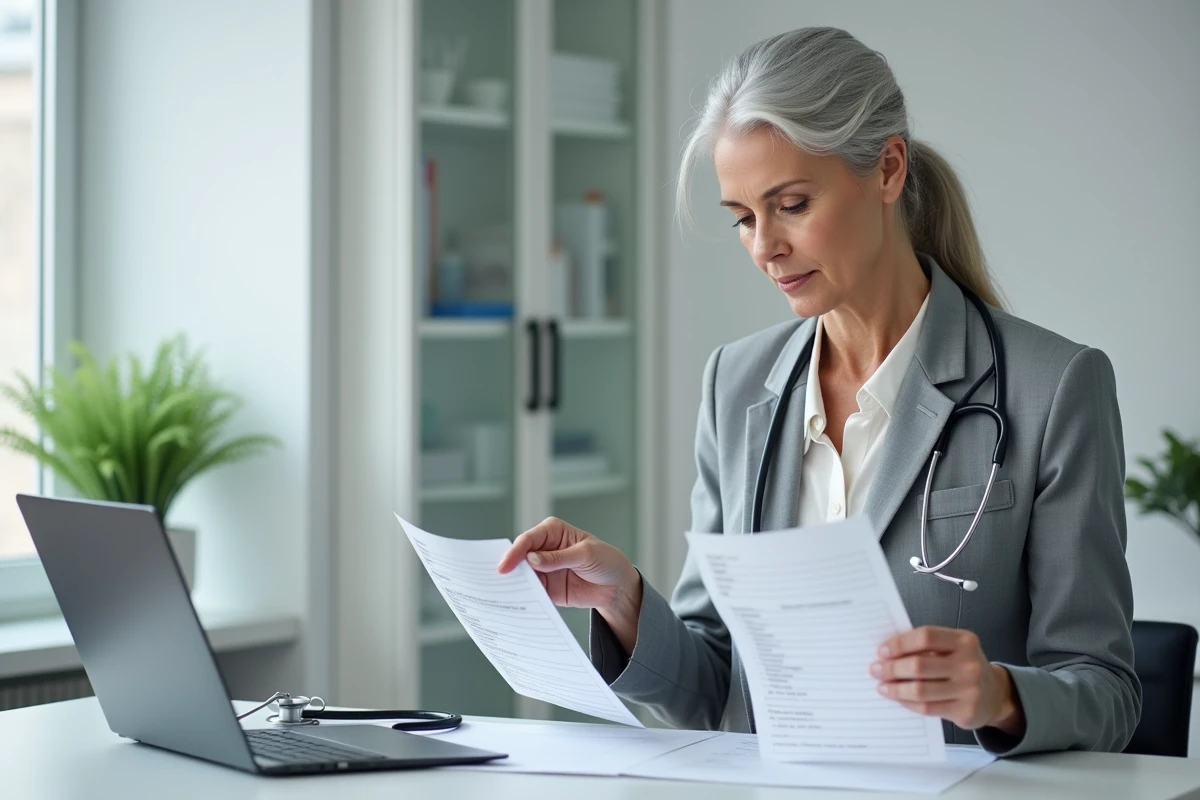 Femme médecin retraitée comparant deux modèles d'ordonnance dans une salle de consultation médicale moderne