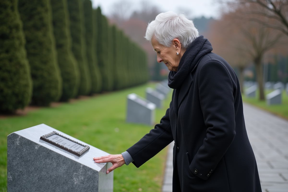 Femme âgée touchant une plaque dans un parc de mémorial
