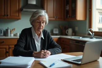 Femme organisée avec documents et ordinateur à la maison