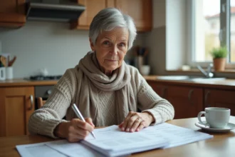 Femme âgée organisant des papiers de retraite à la maison