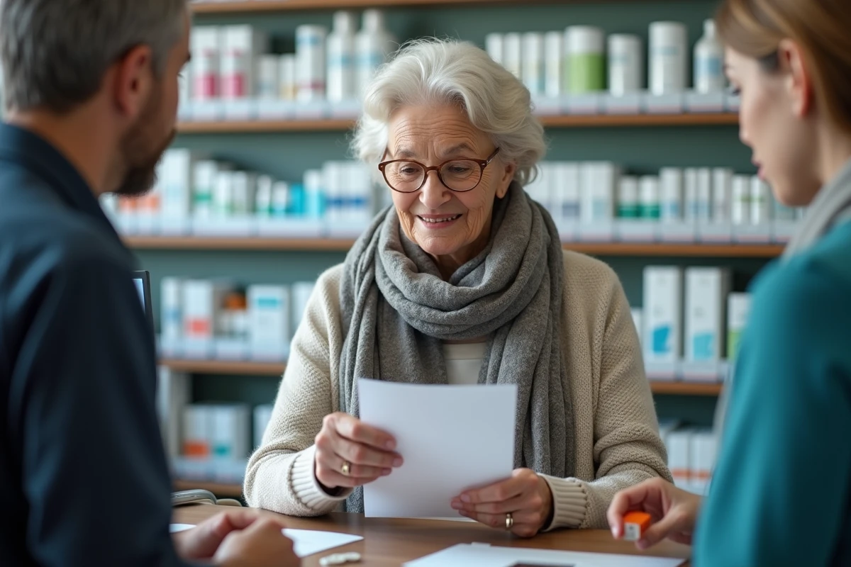 Femme âgée montrant ses papiers au pharmacien dans une pharmacie
