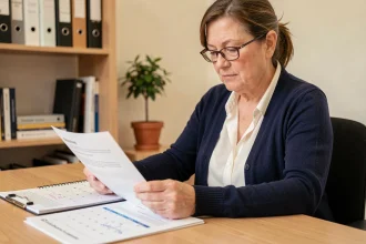 Femme de 58 ans consultant des documents de planification retraite à son bureau à domicile, préparant ses trimestres manquants
