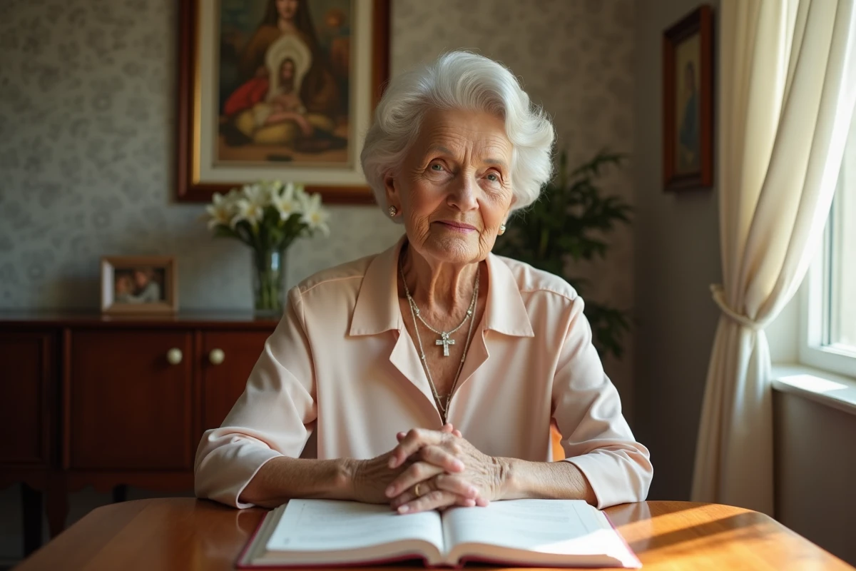 Femme âgée priant sereinement à la table