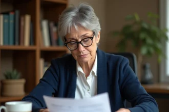 Femme de 58 ans consultant ses documents de retraite Agirc-Arrco à son bureau à domicile