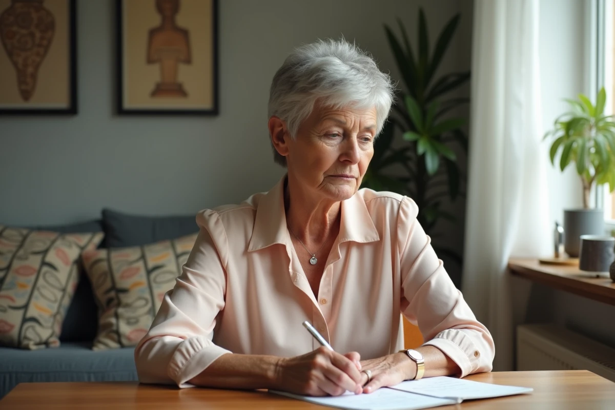 Femme âgée préparant son discours de retraite à la maison