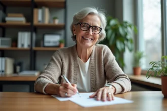 Femme d'âge moyen signant une lettre de retraite dans son bureau