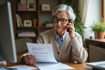 Femme d'âge moyen au bureau parlant au téléphone avec documents