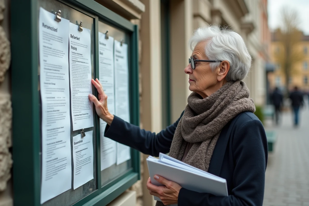 Femme retraitée regardant une affiche officielle à l