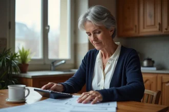 Femme en situation de handicap révisant ses documents financiers liés à l'AAH à la table de sa cuisine
