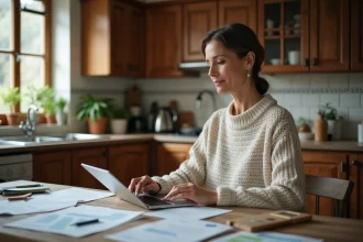 Femme d'âge moyen dans une cuisine chaleureuse examine des papiers