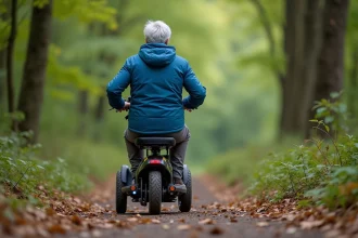 Femme âgée en scooter tout terrain dans la forêt