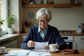 Senior femme examinant un billet de train et sa carte senior à domicile, comparant les avantages tarifaires