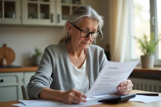 Femme senior calculant sa pension de réversion à la table de cuisine avec des documents et une calculatrice
