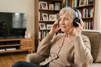Femme senior portant un casque TV sans fil dans son salon, assise dans un fauteuil confortable