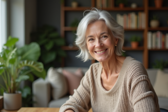 Femme souriante aux cheveux argentés dans un salon chaleureux