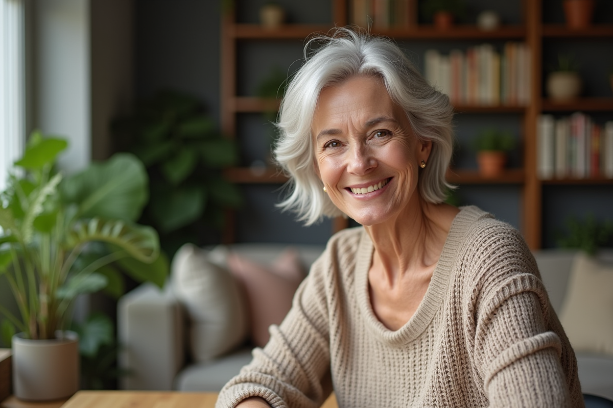 Femme souriante aux cheveux argentés dans un salon chaleureux