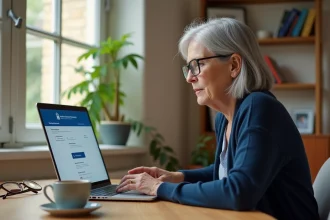 Une femme de 60 ans consulte son espace personnel Carsat Normandie sur un ordinateur portable depuis son bureau à domicile