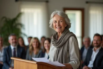 Femme senior souriante lors d'une conférence en entreprise