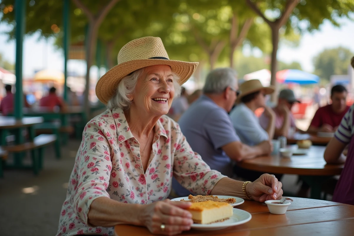 Femme senior souriante dégustant une part de tarte au fair