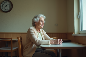 Femme âgée contemplant par la fenêtre dans un restaurant