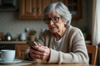 Femme âgée utilisant un smartphone dans la cuisine chaleureuse