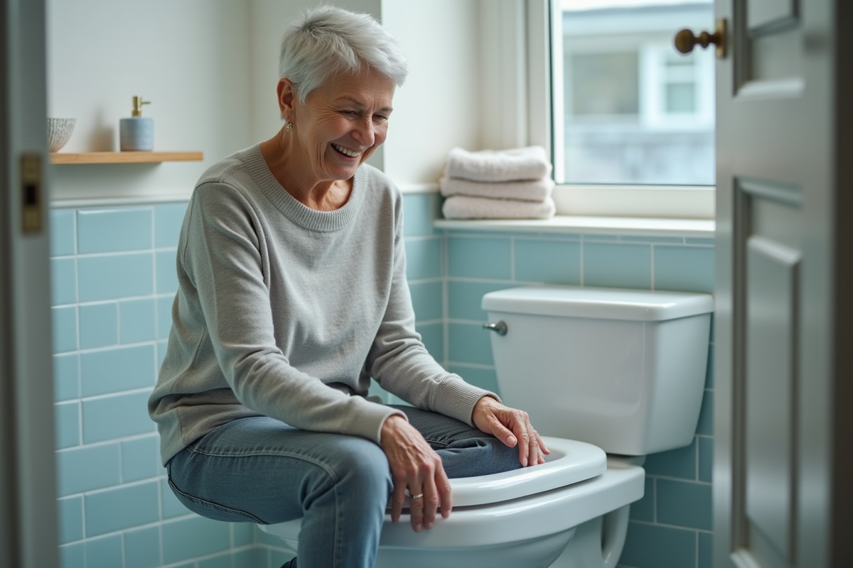 Femme senior souriante utilisant un siège de toilette surélevé dans une salle de bain moderne