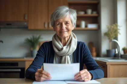 Femme âgée lisant une lettre dans une cuisine lumineuse