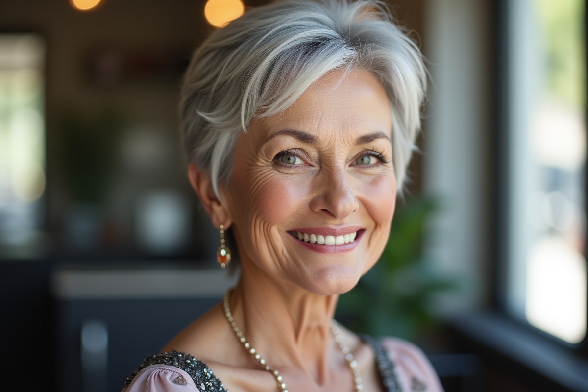 Femme élégante aux cheveux courts gris souriant au salon