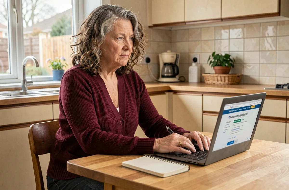 Femme de 60 ans simulant sa retraite en ligne depuis sa cuisine, calculant ses trimestres pour atteindre le taux plein malgré une carrière incomplète