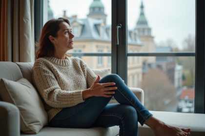 Femme d'âge moyen se relaxant dans un salon belge