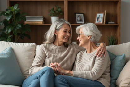 Femme soutenant sa mère âgée dans un salon chaleureux