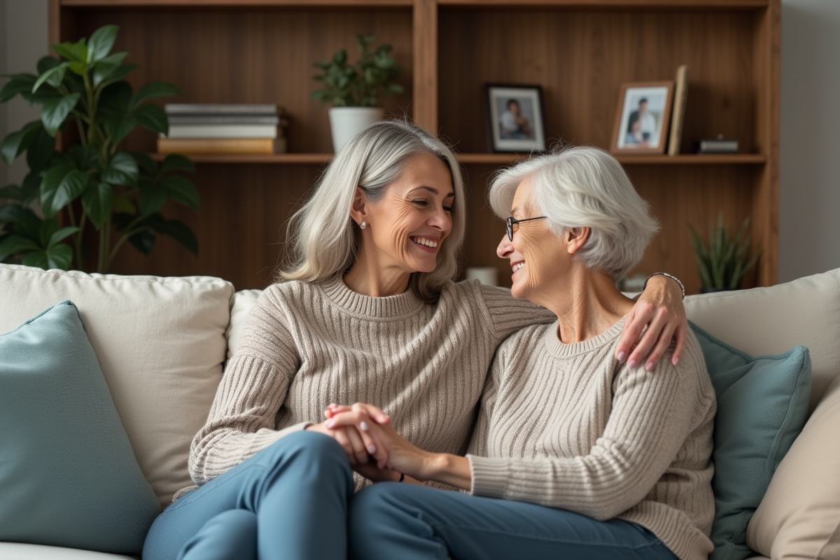 Femme soutenant sa mère âgée dans un salon chaleureux