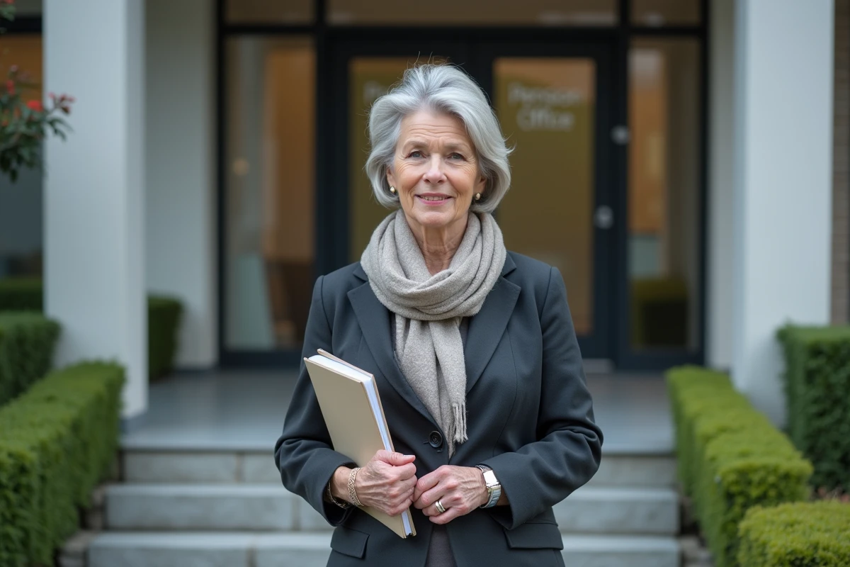 Femme de 60 ans devant un bureau de pension en extérieur