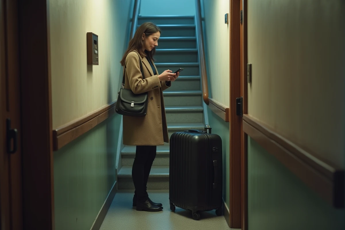 Jeune femme avec valise dans un couloir d