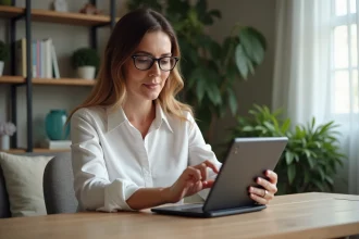 Femme d'âge moyen utilisant une tablette avec l'application Proxima