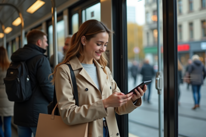 Jeune femme souriante utilisant son téléphone dans un tram urbain