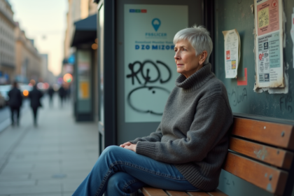 Femme d'âge moyen assise à un arrêt de bus urbain