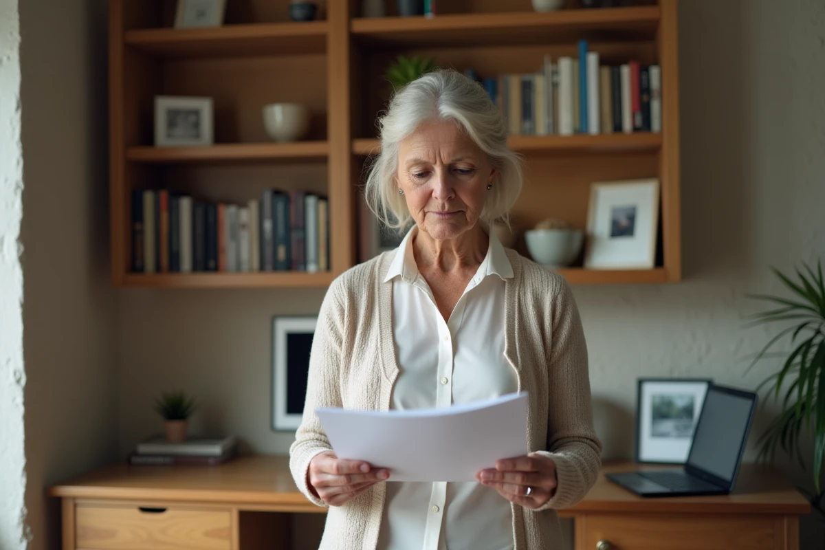 Femme vérifiant son relevé de pension dans son bureau à domicile