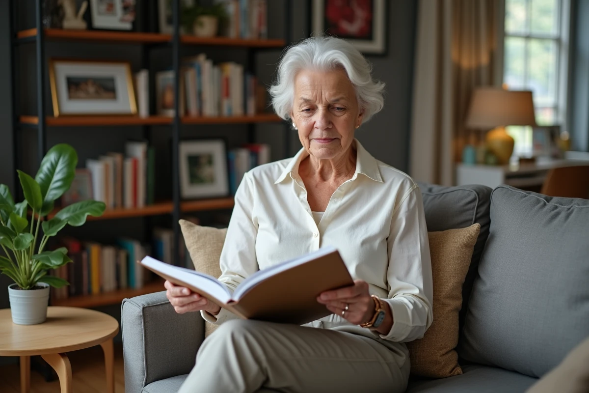 Femme senior regardant un guide de voyage dans un salon cosy