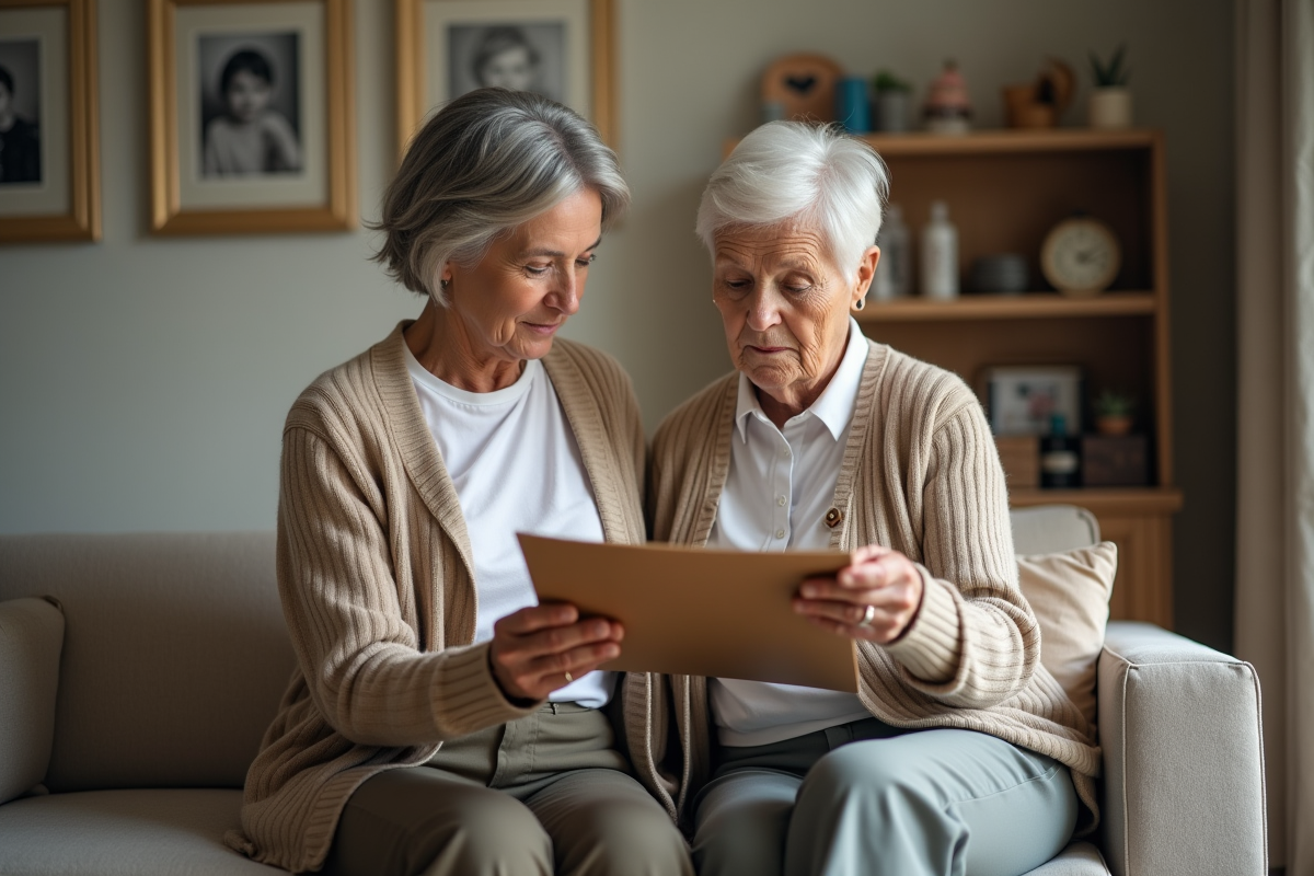 Deux femmes discutant dans un salon familial chaleureux