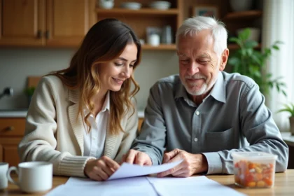 Fille aidant son père âgé lors d'une séance de soins à la maison