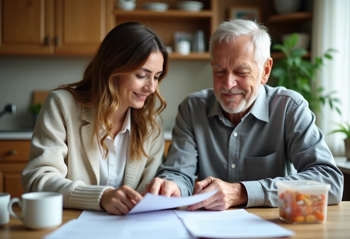 Fille aidant son père âgé lors d'une séance de soins à la maison