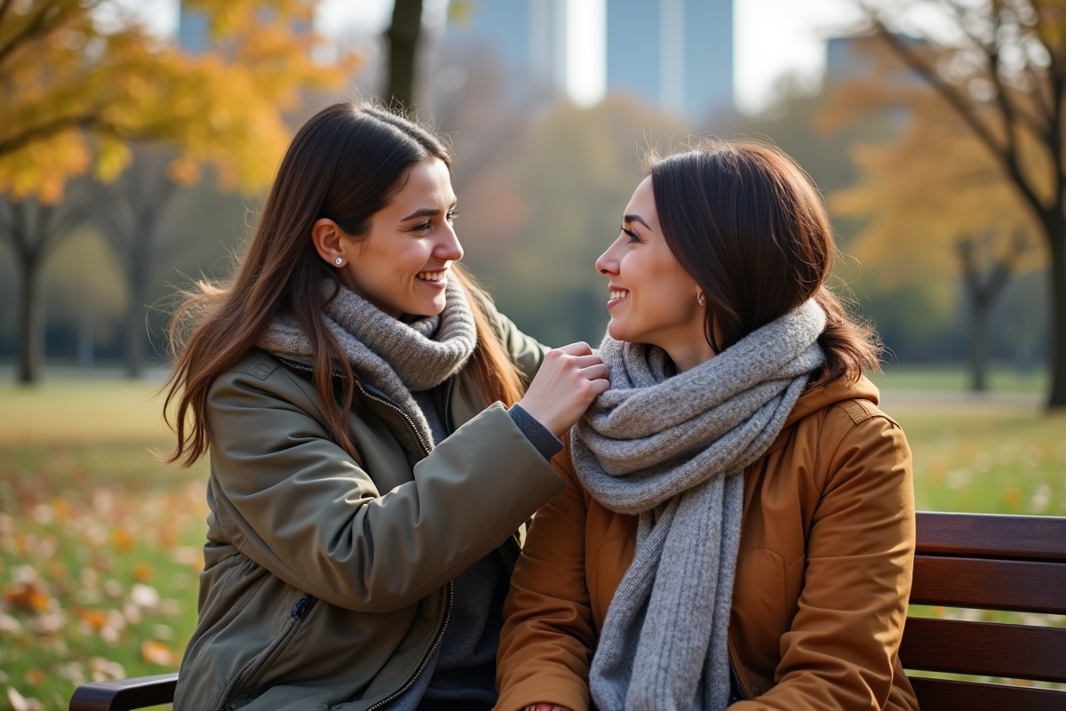 Fille aidant sa mère à ajuster une écharpe dans un parc urbain
