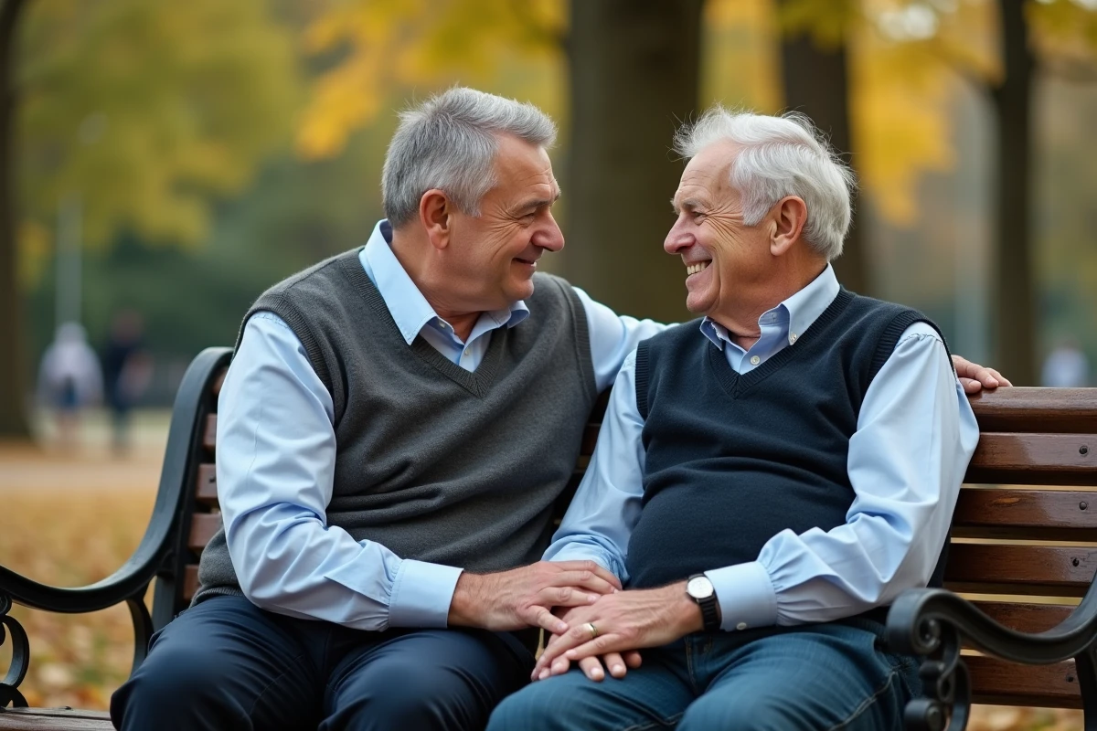 Fils et père discutant sur un banc dans un parc
