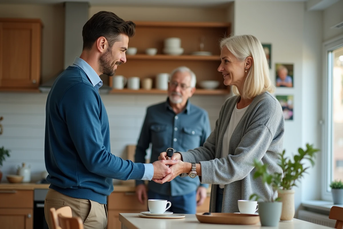 Fils donnant des clés à une aide soignante dans la cuisine