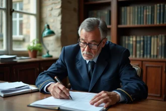 Fonctionnaire retraité examinant des documents officiels de retraite dans un bureau administratif classique