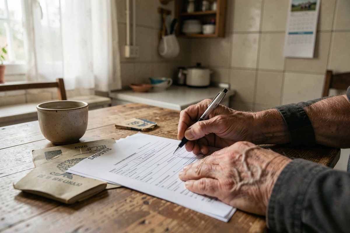 Mains d'un ancien combattant remplissant un formulaire de demande de retraite mutualiste à la maison