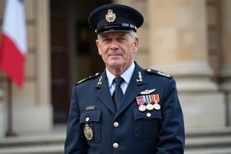 Officier de gendarmerie en uniforme avec drapeau français