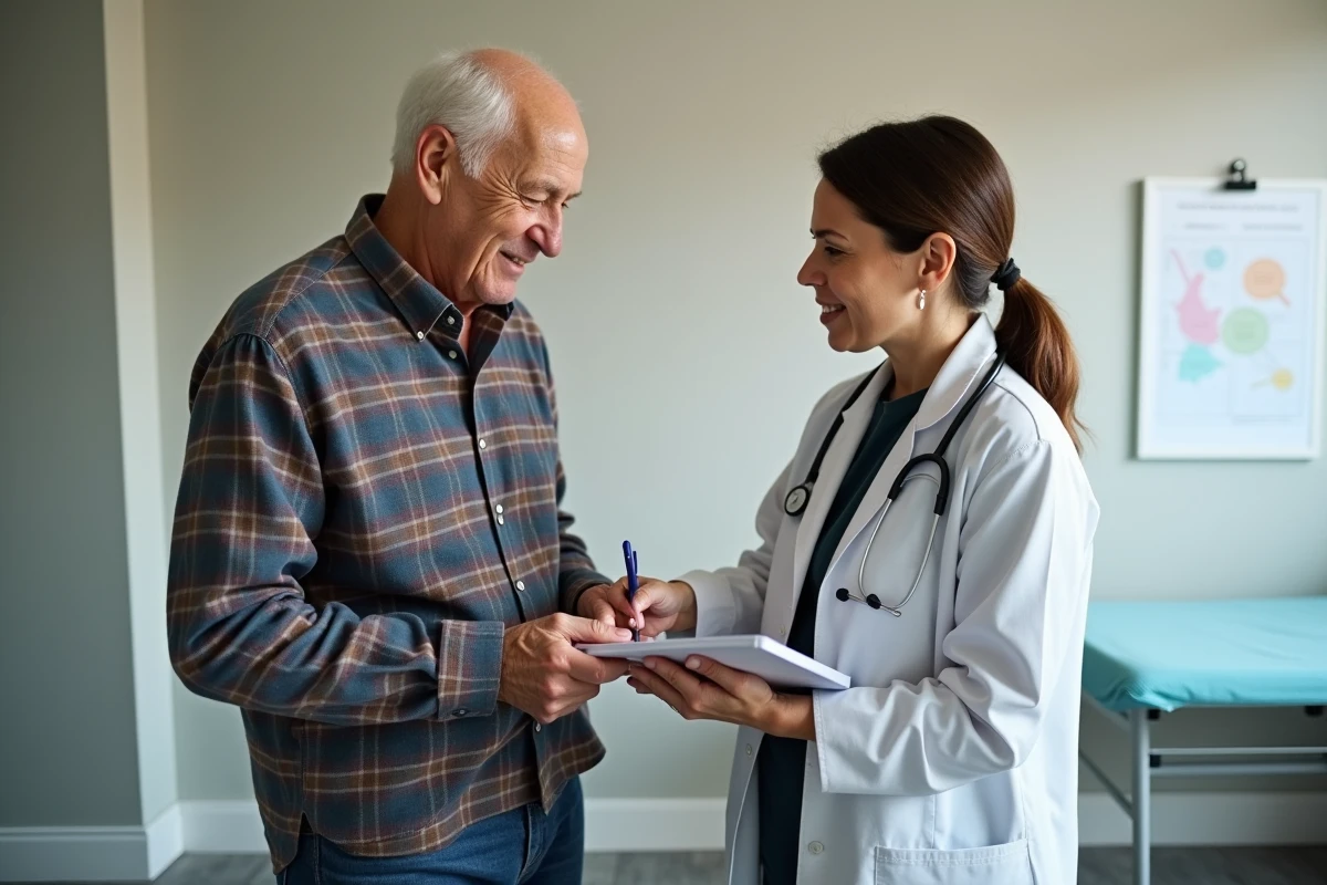 Médecin gériatre observant un patient âgé réaliser une activité quotidienne lors d'une évaluation fonctionnelle ADL