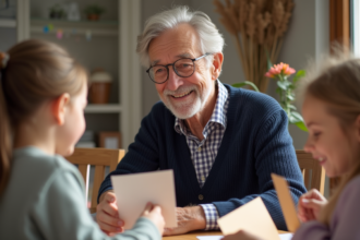 Grand-pere souriant avec famille lors d'une fete chaleureuse